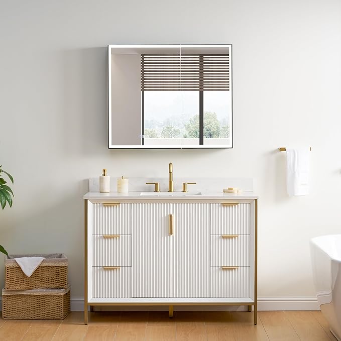 WELLFOR 36" X 30" LED Mirrored Medicine Cabinet, Medicine Cabinets with Lights for Bathroom, Defogging Function Mirror Cabinet, Bathroom Medicine Cabinet with USB Port & Outlet, Double Doors