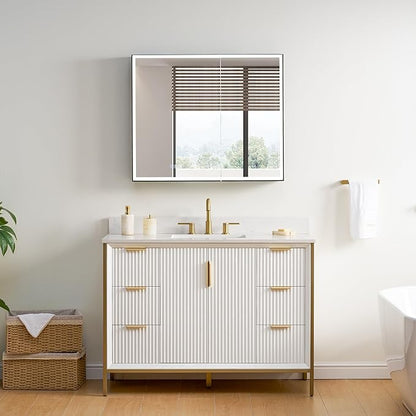 WELLFOR 36" X 30" LED Mirrored Medicine Cabinet, Medicine Cabinets with Lights for Bathroom, Defogging Function Mirror Cabinet, Bathroom Medicine Cabinet with USB Port & Outlet, Double Doors