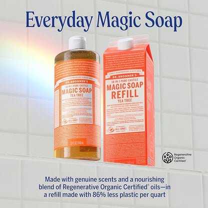 Dr. Bronner's Pure-Castile Magic Soap Liquid- Made with Regenerative Organic Certified Oils- For Body, Face, Hair, Dishes, Laundry, Vegan Bath Soaps for Men & Women, Non-GMO- Tea Tree, 32oz + Refill