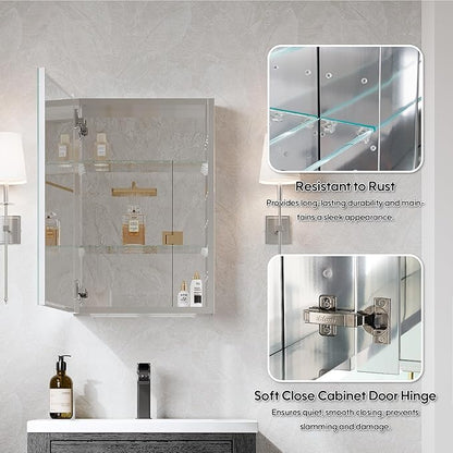 WELLFOR 16" x 24" Bathroom Medicine Cabinet, Anodized Chrome Aluminum Frame, Medicine Cabinet with Adjustable Glass Shelves, Bathroom Cabinet with Reverse Door Installation, Surface or Recessed Mount