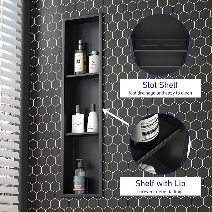 Stainless Steel Shower Niche 8"×36" Matte Black with 3-Tier Shelves No Tiled Needed Niche Shower for Bathroom Wall Recessed Bathroom Shower Shelf for Storage