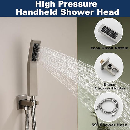 Shower System with Tub Spout, All Metal Bathtub Shower Faucet Set with High Pressure 10 Inch Rain Shower Head and Handheld Shower Head Set, Brushed Nickel (Valve Include)