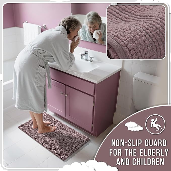 Yimobra Bathroom Rugs Non Slip Washable 32x20 Inch - Ultra Soft Absorbent Chenille Bath Mat, Quick Dry Shaggy Floor Carpet for Tub Shower, Mauve Home Decor Accessories