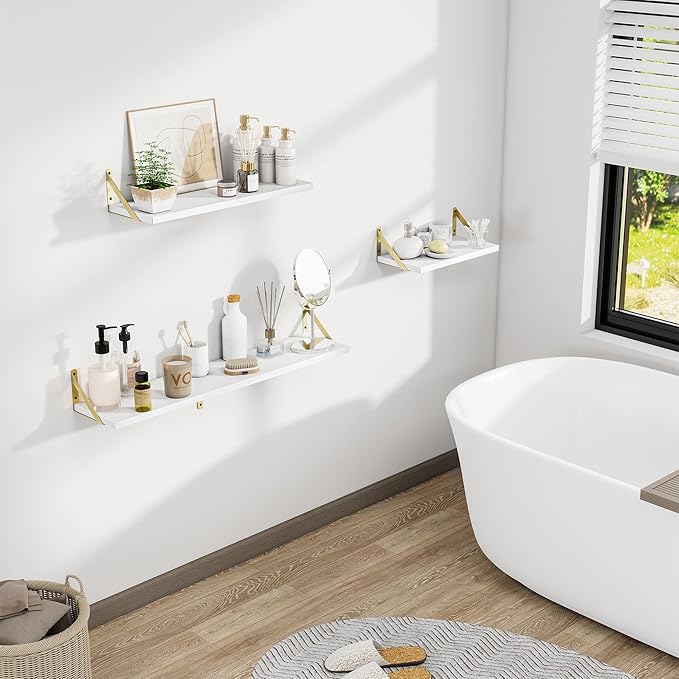 Deep Floating Shelves for Wall, 24W x 8D Wall Mounted Shelves Set of 2, Wide Display Ledge Shelf with Sturdy Metal Brackets for Living Room, Bathroom, Bedroom and Kitchen, White with Gold Brackets