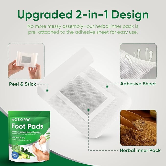 Natural Cleansing Foot Pads - Ginger Mugwort Bamboo Vinegar - Relieves Stress and Fatigue - Improves Sleep and Supports Body Cleansing - Premium Foot Care - 30 Pads (Pack of 1)