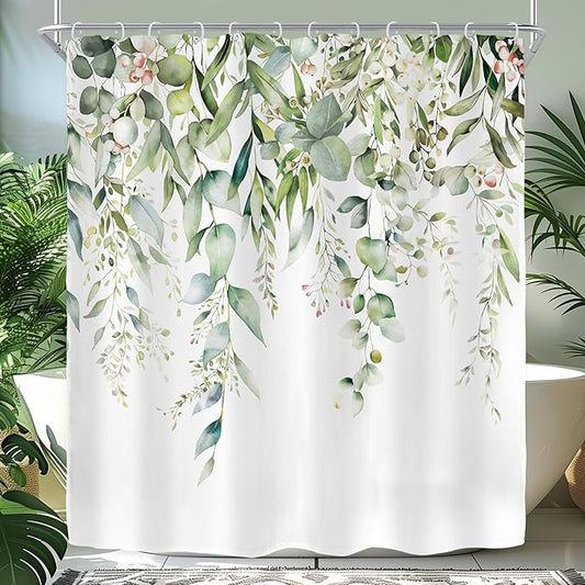 Riyidecor Sage Green Eucalyptus Shower Curtain,Fabric Cloth Bathroom Curtains,Leaves Plants Spring Floral Botanical Leaf Nature Watercolor Bath Shower Curtains Decor Set 72x72 Inch
