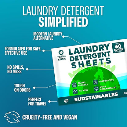 Sudstainables Laundry Detergent Sheets 60 Loads – Dissolvable Laundry Sheet for Washing Machines, Compact Alternative to Liquid & Powder Detergent, Travel-Friendly Soap | Fresh Linen