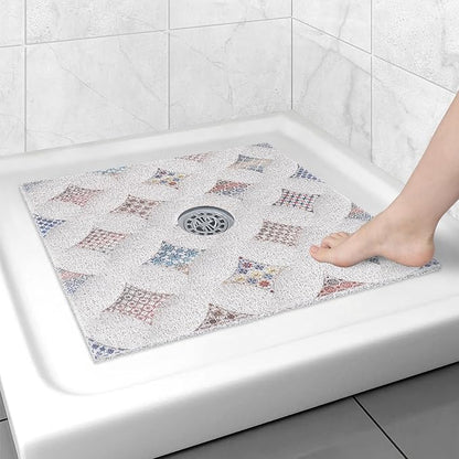 Square Shower Mat Non Slip: 27x27 Inch Extra Large Shower Floor Mat with Drain Hole in Middle - Soft PVC Loofah Bath Mat for Shower - Anti Slip Shower Stall Mat for Elderly and Kids