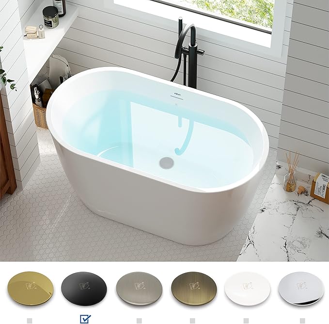 FerdY 47" Bali Acrylic Freestanding Bathtub with Headrest, Gracefully Shaped Soaking Bathtub, cUPC Certified, Toe-Tap Matte Black Drain &Minimalist Linear Design Overflow& Bath Pillow Included