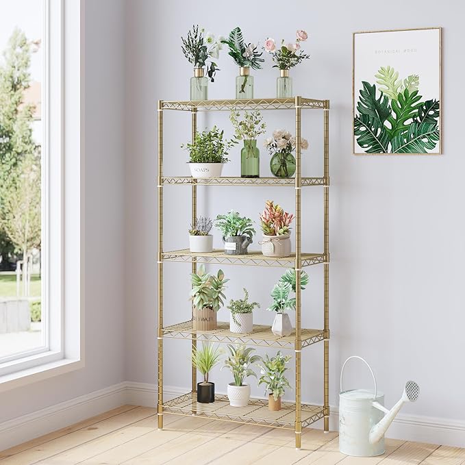 5 Tier Storage Racks Shelving, Heavy Steel Pantry Shelves, Adjustable Wire Shelving Rack, Suitable for Garage, Kitchen, Bathroom, Office, 29" W x 13.4" D x 59" H, Golden