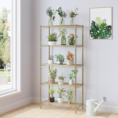 5 Tier Storage Racks Shelving, Heavy Steel Pantry Shelves, Adjustable Wire Shelving Rack, Suitable for Garage, Kitchen, Bathroom, Office, 29" W x 13.4" D x 59" H, Golden