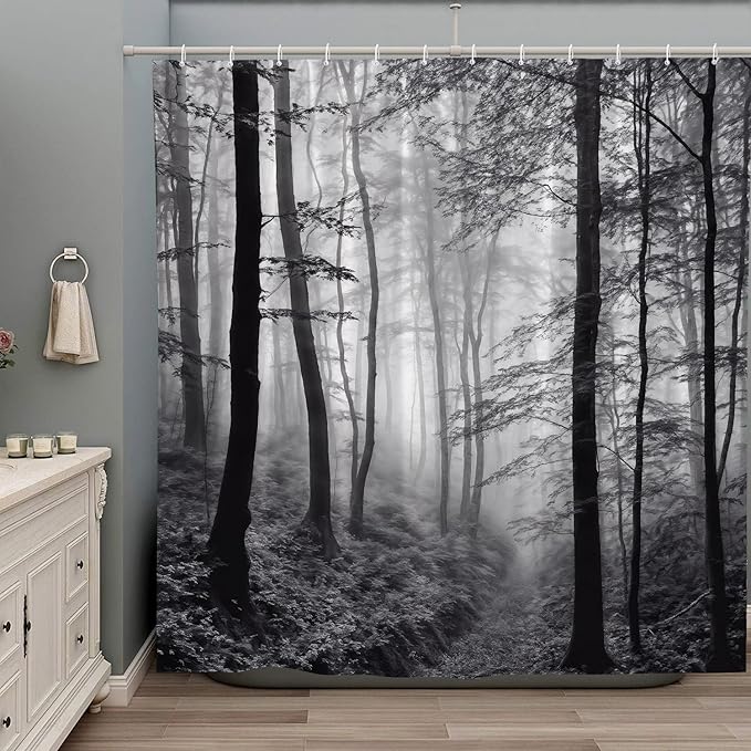 Misty Forest Shower Curtain Black White Foggy Nature Landscape Grey Fantasy Fog Tree Rustic Farmhouse Outdoor Bath Curtain with Hook 90Wx70H Inch