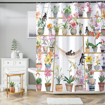 Bohemian Shower Curtain, Boho Floral Print Water Repellent Polyester Fabric for Bathroom Decor, 72×72 Inch Standard Size with 12 Hooks, Also as Room Divider