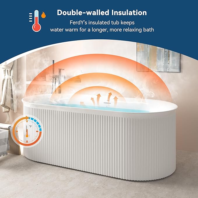 FerdY Nami 67" Acrylic Freestanding Bathtub, V Shape Freestanding Soaking Acrylic Bathtub, Modern White, cUPC Certified, Polished White Pop-Up Drain