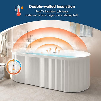 FerdY Nami 67" Acrylic Freestanding Bathtub, V Shape Freestanding Soaking Acrylic Bathtub, Modern White, cUPC Certified, Polished White Pop-Up Drain