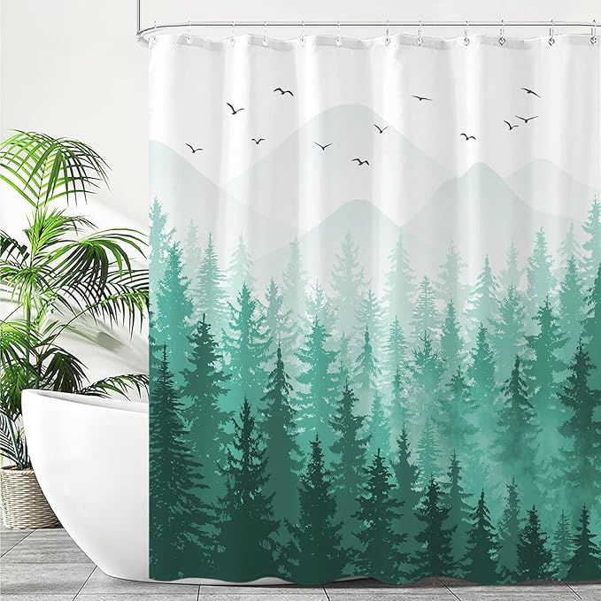 Aipon Teal Misty Forest Shower Curtain Ombre Nature Tree Plants Shower Curtains Fabric Waterproof Mountain Shower Curtain Sets for Bathroom Bath Decor with 12 Hooks (Teal, 72'' × 72'')