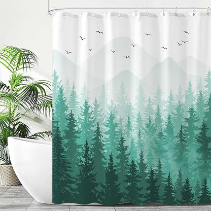Aipon Teal Misty Forest Shower Curtain Ombre Nature Tree Plants Shower Curtains Fabric Waterproof Mountain Shower Curtain Sets for Bathroom Bath Decor with 12 Hooks (Teal, 72'' × 72'')