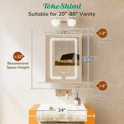 TokeShimi Lighted Medicine Cabinet 20x26, 3 Color Tempered LED Medicine Cabinet Mirror with Storage and Defogger, Stepless Dimming, CRI 80+ Anti-Fog, Memory Funtion, Wall Make up Mirror for Bathroom