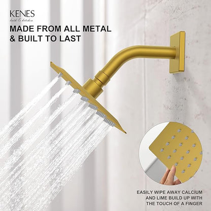 KENES Brushed Gold Shower Faucet, Modern Square 6-Inch Shower Head and Handle Set, Bathroom Rainfall Shower System Wall Mount, KE-6025B-4 (Including Shower Valve)