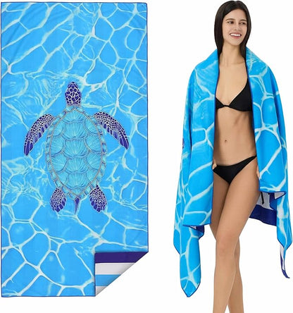 Microfiber Extra Large, Oversized Cute Turtle/Shark Beach Towels (70''x35'') - 2 Pack XL Quick Dry Striped Towels for Adults，Sand Free for Pool, Spa, Swim & Travel - Ultra Soft & Lightweight