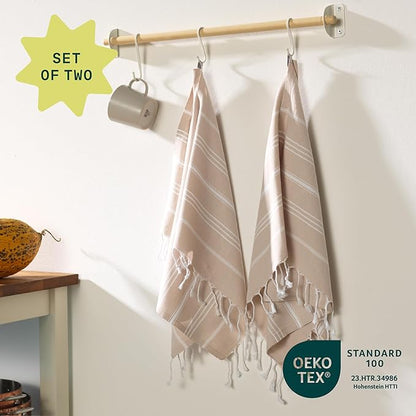 WETCAT Turkish Hand Towels with Hanging Loop, Set of 2 (20" x 30") 100% Turkish Cotton, Pre-Washed, Quick Drying, for Kitchen or Bathroom - Beige