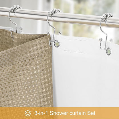 3 in 1 Long Beige Shower Curtain Set-72 W x 78 H, Tan Waffle and PEVA Liner Set with 12 Stainless Steel Hooks, Waterproof Fabric for Bathroom