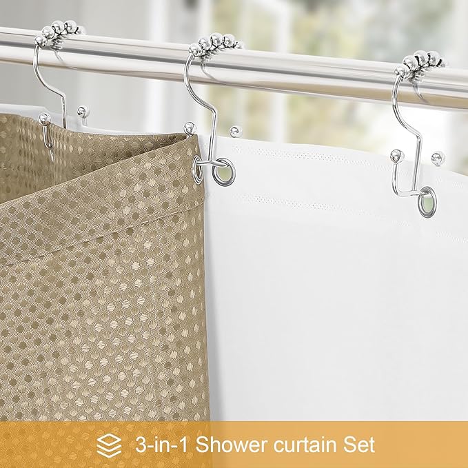 3 in 1 Extra Long Beige Shower Curtain Set-72 W x 84 H, Tan Waffle and PEVA Liner Set with 12 Stainless Steel Hooks, Waterproof Fabric for Bathroom