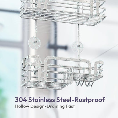 SWTYMIKI Shower Caddy Hanging Organizer - Over the Door Shower Caddy with Soap Holder, 11 Hooks, 2 Installation Ways, Stainless Steel Rustproof Bathroom Organizer, Silver