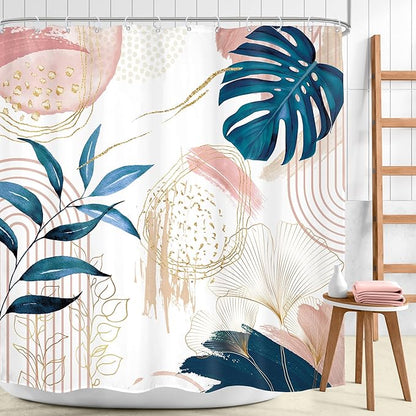 Pink Blue Boho Shower Curtain Modern Abstract Tropical Palm Leaves Bohemian Minimalist Gold Leaf Mid Century Plant Botanical Bathroom Decor 72Wx72H Bath Curtain Fabric Polyester 12 Pack Hooks
