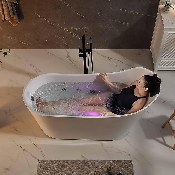 Empava Update Acrylic Whirlpool Bathtub, 67-Inch Freestanding Gracefully Oval Shaped Jetted Bathtub with Healing Chromotherapy, 16 Hydromassage Jets, Single-Ended Bathtubs with Pillow, No faucet