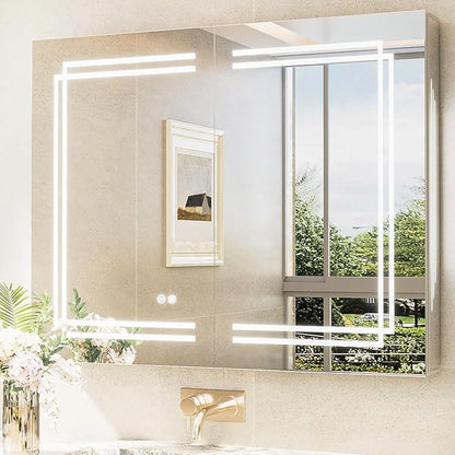TokeShimi 40x32 Inch LED Medicine Cabinet with Lighted Mirror, 3 Color Stepless Dimming Bathroom Cabinet with Defogger Tempered, CRI 80+, Anti-Fog, Memory Funtion, Wall Lit Mirror with Storage