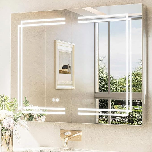 TokeShimi 40x32 Inch LED Medicine Cabinet with Lighted Mirror, 3 Color Stepless Dimming Bathroom Cabinet with Defogger Tempered, CRI 80+, Anti-Fog, Memory Funtion, Wall Lit Mirror with Storage