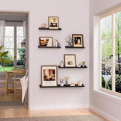 Heimlove Floating Shelves Set of 6, 16" Wall Mounted Picture Ledge, Display Shelf Organizer for Decor Storage, Wall Mounted Shelves for Living Room, Bedroom, Bathroom, Kitchen (Black)