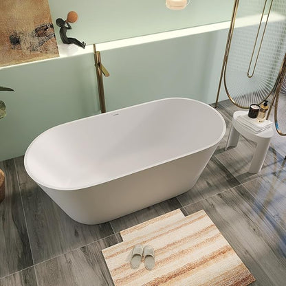 63" Premium Solid Surface Freestanding Bathtubs, Upgraded Oval Stone Resin Soaking Tub with Overflow and Pop-up Drain, Matte White