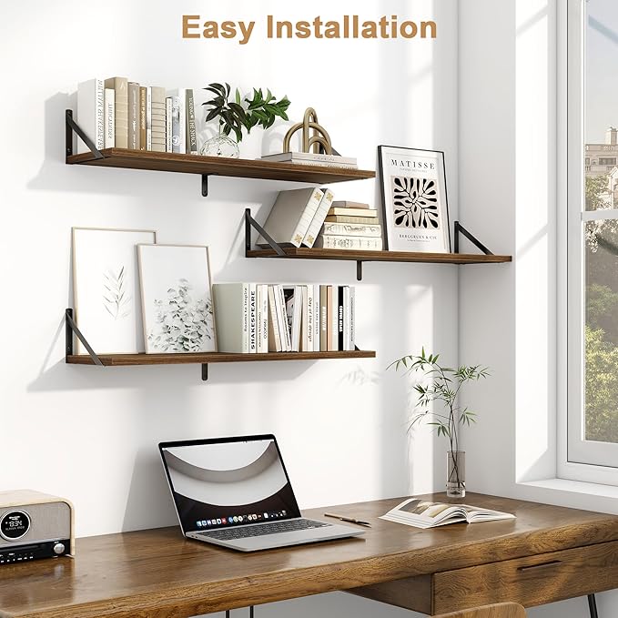 Fun Memories Floating Shelves for Wall, 36 Inches Long Set of 3 Wall Shelves for Bedroom, Floating Bookshelves with Metal Brackets for Living Room, Kitchen, Bedroom and Laundry Room (Walnut)