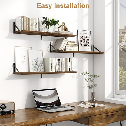 Fun Memories Floating Shelves for Wall, 36 Inches Long Set of 3 Wall Shelves for Bedroom, Floating Bookshelves with Metal Brackets for Living Room, Kitchen, Bedroom and Laundry Room (Walnut)
