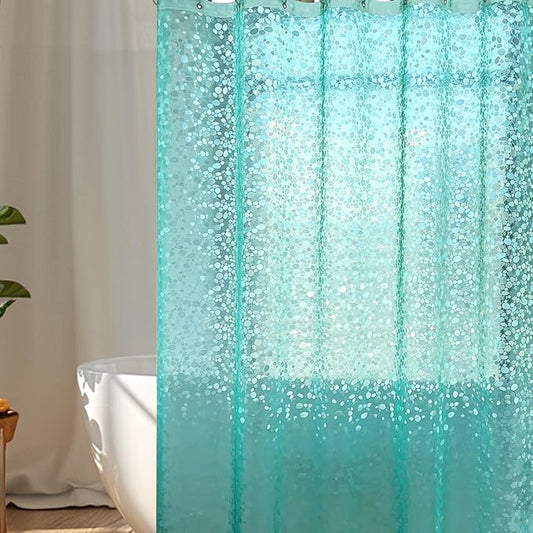WELTRXE 8G EVA Clear Teal Shower Curtain with 3D Pebbles Design, 72x72 Inches Plastic Waterproof Shower Curtain Liner with Magnets/12 Hooks/Rustproof Grommets for Bathroom, Heavy Shower Liner