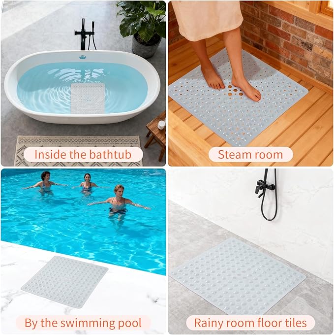 Anti-Slip Bathtub Shower mat, 20.8×20.8（Approximately 53×53cm） inch Soft Oversized Machine Washable Non-Slip Bathtub mat with Drainage Holes, Bathroom Floor Suction Cup.（1-Clear White）