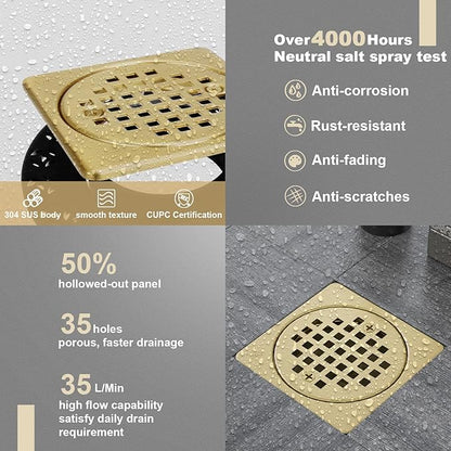 4” Shower Floor Drain Grate Kit Brushed Brass - Compatible with Schluter Kerdi-Drain Flange - with Adjustable Collar & Removable Square Cover, SUS304 Stainless Steel & CUPC Certification