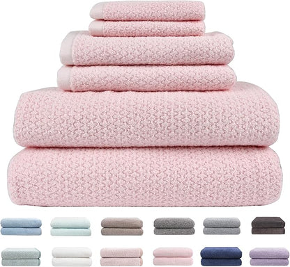 Everplush Diamond Jacquard 6 Pieces Bath Towel Set, Luxury Super Soft Oversized everplush Towels, Highly Absorbent everplush Diamond Jacquard Quick Dry Bath Towel for Bathroom Pink