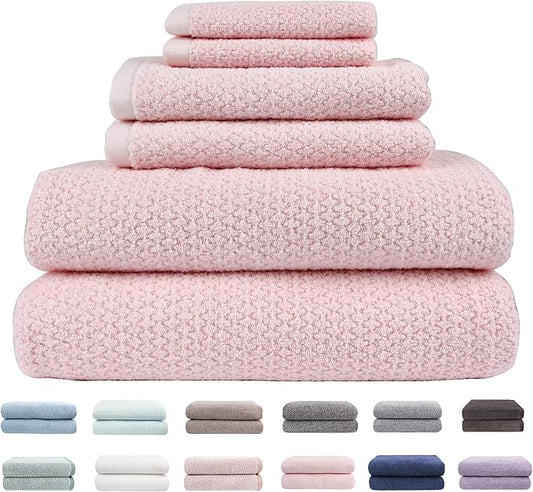 Everplush Diamond Jacquard 6 Pieces Bath Towel Set, Luxury Super Soft Oversized everplush Towels, Highly Absorbent everplush Diamond Jacquard Quick Dry Bath Towel for Bathroom Pink