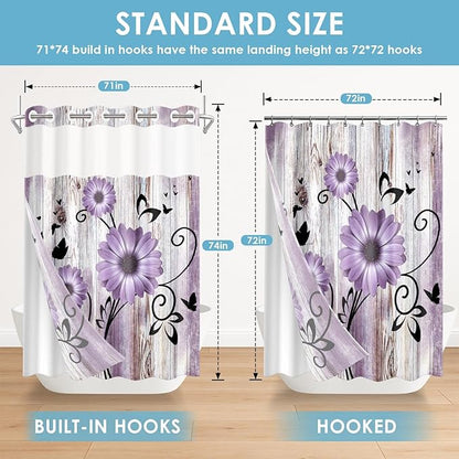No Hook Purple Flower Shower Curtain with Snap in Fabric Liner Set, Rustic Farmhouse Daisy Double Layers Waterproof Fabric with See Through Top Window Open Grommet Bath Curtain 71x74 Inch