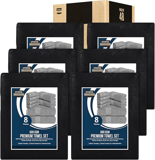 Utopia Towels 48-Piece Premium Towel Set, 12 Bath Towels, 12 Hand Towels, and 24 Wash Cloths, 100% Ring Spun Cotton Highly Absorbent Towels for Bathroom, Sports, and Hotel (Black)