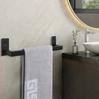 NearMoon Self Adhesive Bathroom Towel Bar, Stainless Steel Square Bath Wall Shelf Rack Hanging Towel Stick On Sticky Hanger Contemporary Style, Towel Rack Wall Mounted (16 Inch, Matte Black)