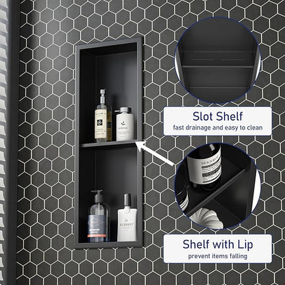 Stainless Steel Shower Niche Matte Black 8"×24" with 2-Tiers Shelf No Tiled Needed Niche Shower for Bathroom Wall Storage Recessed Metal Shower Shelf Over-Mounted Installation
