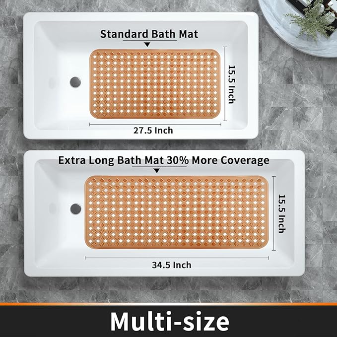 Yimobra Bathtub Mat Non Slip, Super Strong Suction Cups, 27.5"x15.5" Long Shower Mat with Drain Holes, Machine Washable Fast Draining Bath Mats, Bathroom Essentials,Clear Brown