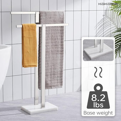 KOKOSIRI Bathroom Towel Rack 2-Tier Standing Towel Bars with Marble Base, Stainless Steel Freestanding Towels Holder, Thicken Steady Design, Polished Chrome THS0003-CH