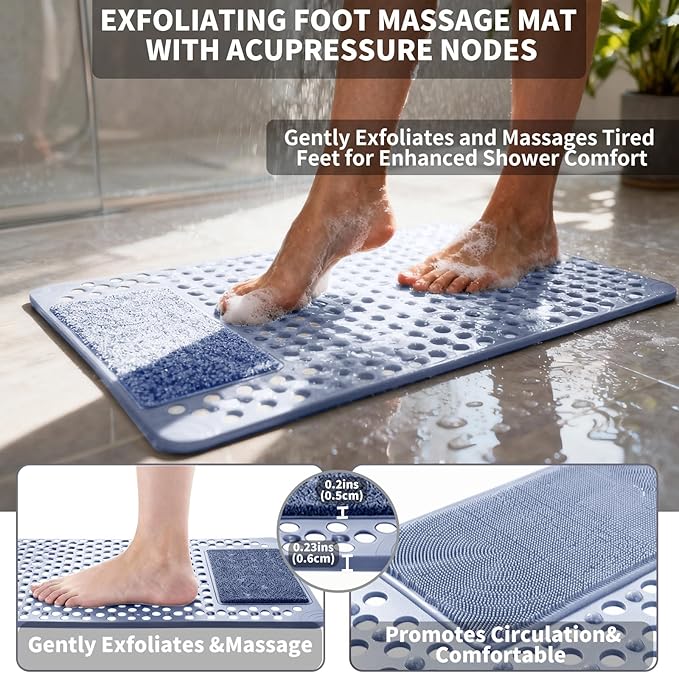 Bath Tub Shower Mat with Soft Shower Foot Scrubber Mat for Massage,Non Slip Bathtub Mat with Strong Suction Cups, Silicone Shower Foot Scrubber Mat (Dusty Blue, 27.5" X 15.7"(Rectangular))