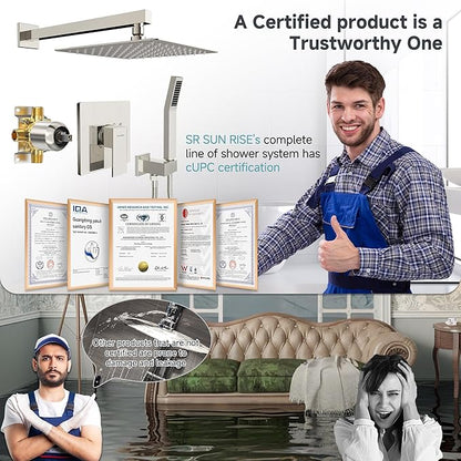SR SUN RISE Shower Faucet Set & System - 10 Inch Rainfall Shower Head & Handle Set Wall Mounted Brushed Nickel Solid Brass Valve Trim Kit Included