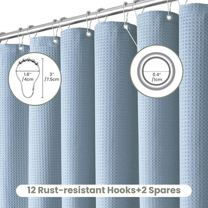 Inhousolu Fabric Shower Curtain Waffle Weave, Fog Blue 230 GSM Heavy Duty, Weighted Hem, 14 Metal Hooks, Water Repellent, Machine Washable, Hotel Spa Luxury Bath Curtain Set, 72 x 96 Inch